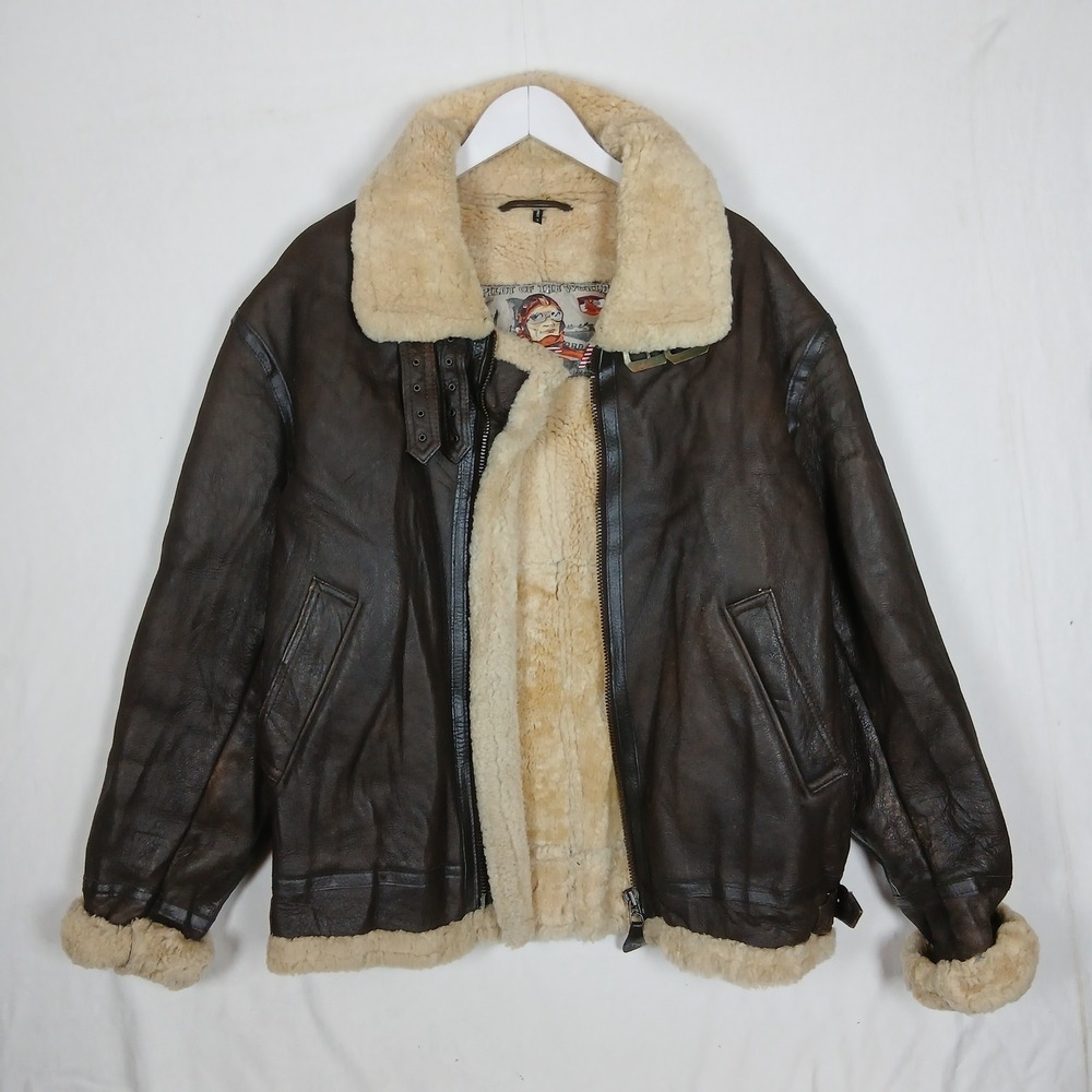 Vintage Brown Leather B-3 Bomber Jacket Shearling Lined L
